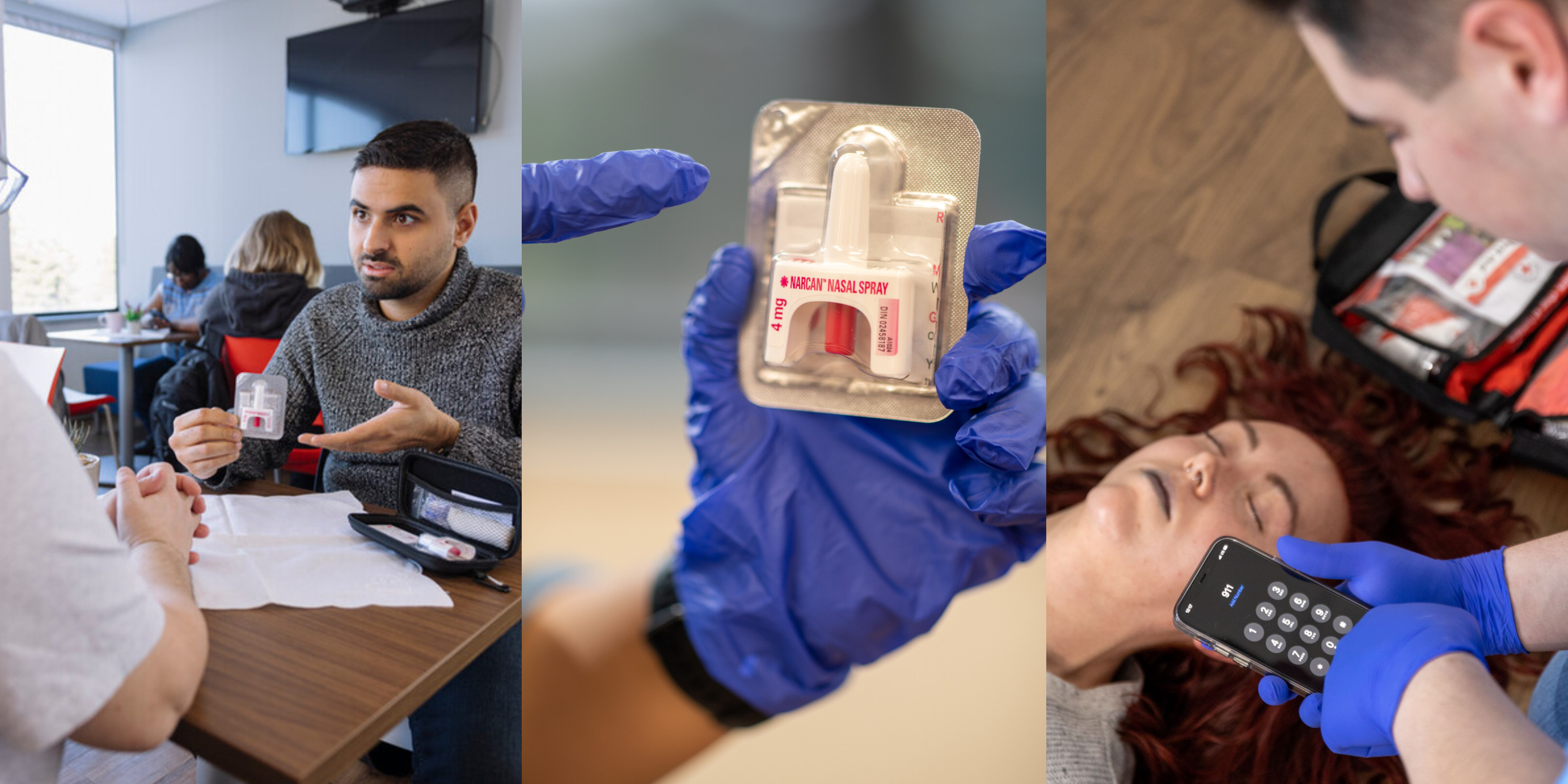 Collage of three photos: a person showing a naloxone nasal spray to a friend, a close-up of a naloxone nasal spray, and a person intoxicated by opioids while another calls 911.