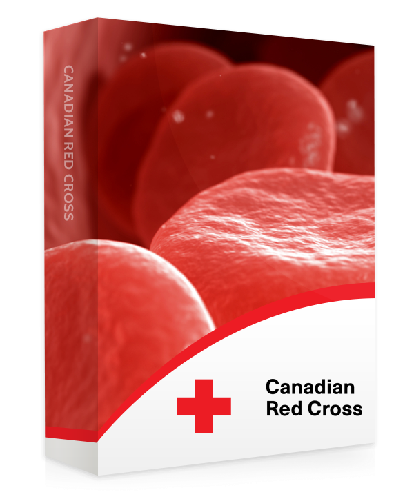 A Red Cross course book with a close-up image of a red blood molecule.