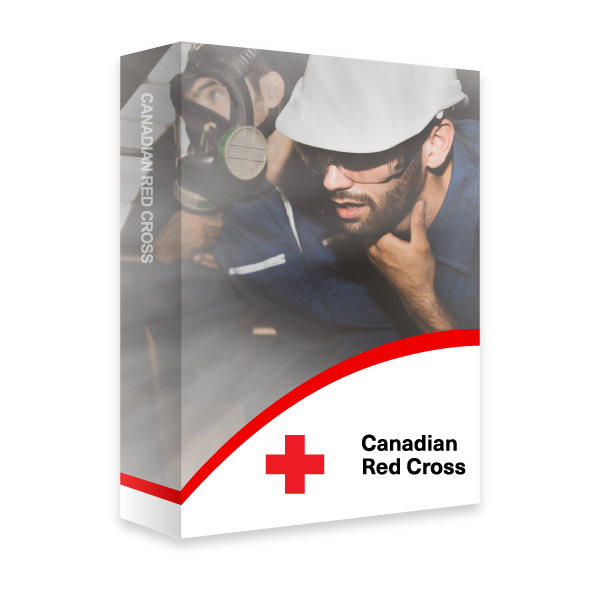 A Red Cross book with image of a worker wearing a hard hat and safety goggles holds a hand to their throat while another worker behind them wears a full face respiratory mask.