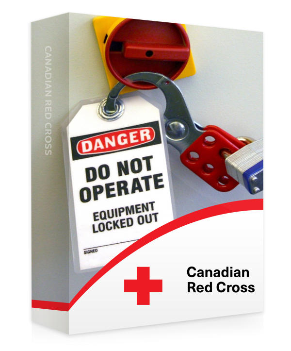 Un manuel de la Croix-Rouge illustrant un appareil cadenassé et une note où il est écrit : « Danger, ne pas mettre en marche. Équipement cadenassé. »