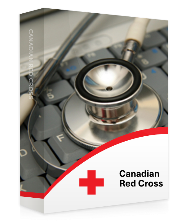 A Red Cross book with close-up image of a stethescope sitting on a computer keyboard.