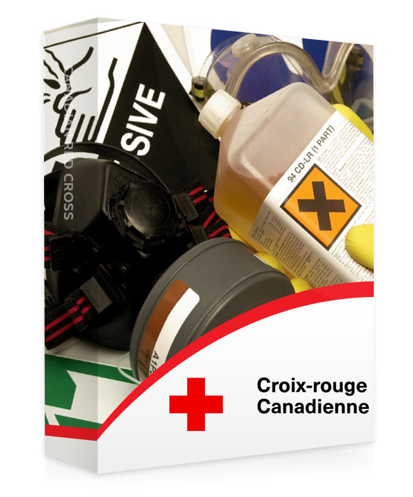 Un manuel de la Croix-Rouge illustrant un contenant d’huile ou d’une substance dangereuse ainsi qu’une fiche d’information.