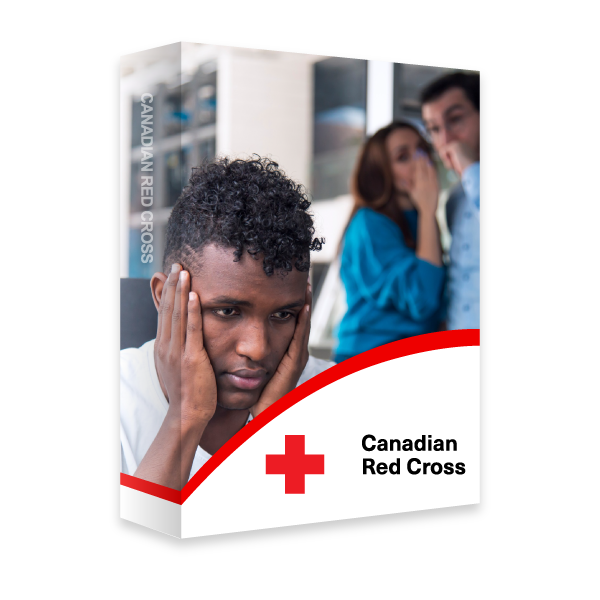 A Red Cross course book with image of a person with hands on their face who looks upset while two individuals in the background are talking and looking at the other person. 