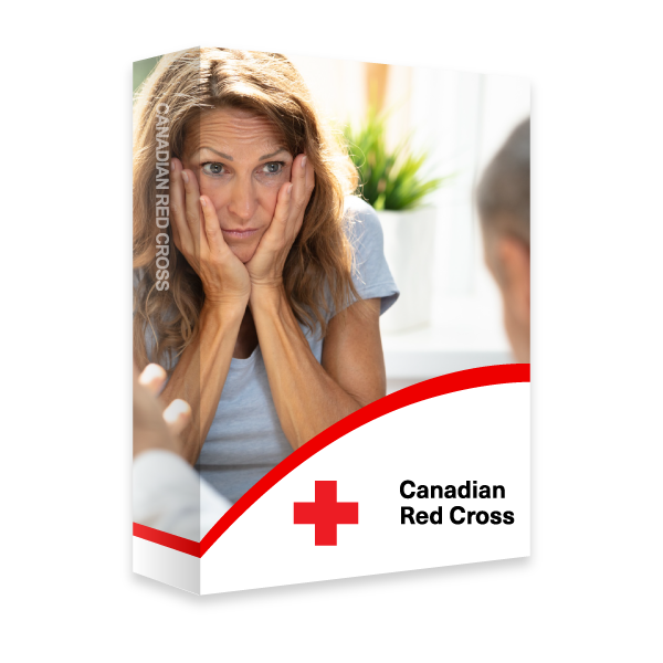 A Red Cross course book with image of a person with hands on their face who looks upset while two individuals in the background are talking and looking at the other person. 