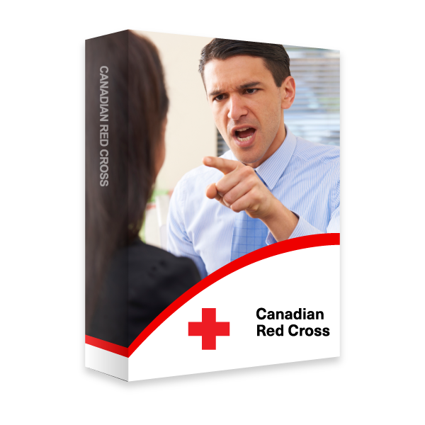 A Red Cross course book with image of a person in shirt and tie who looks angry and is standing close to another individual while pointing their finger at them.