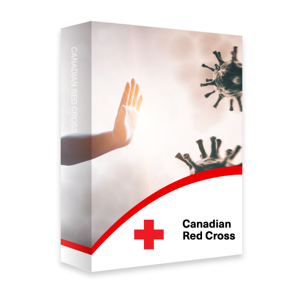 A Red Cross book with image of an extended harm with palm face-up towards two germ molecules.