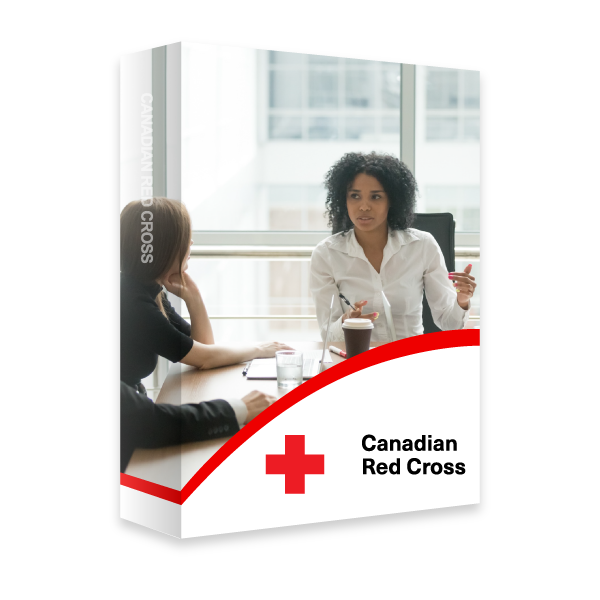 A Red Cross book with image of two people talking to each other while sitting at a desk in a bright, sunny office.