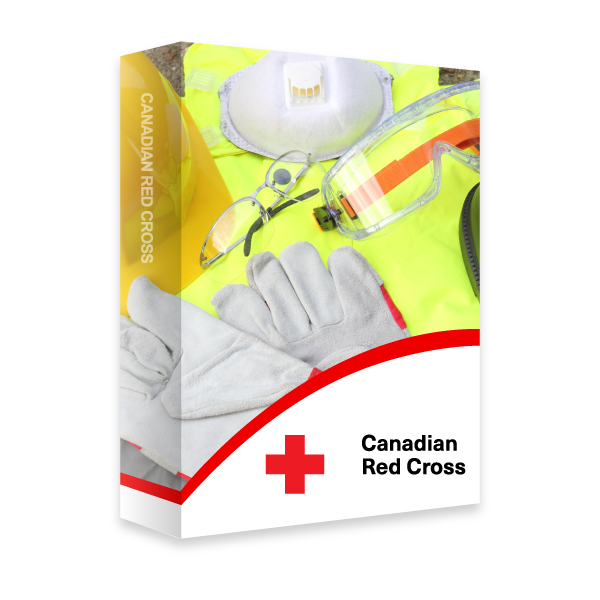 Un manuel de la Croix-Rouge illustrant des gants, un casque, des lunettes de sécurité et un masque respiratoire sur un bureau.