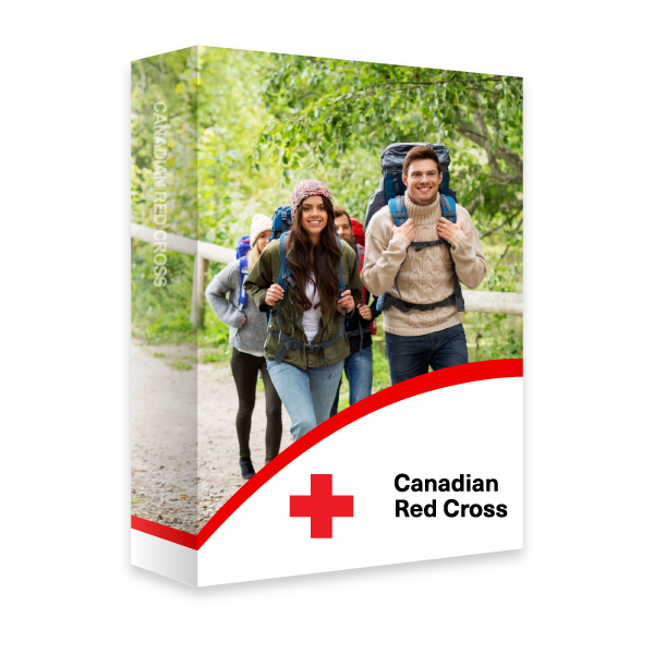 A Red Cross course book with image of a group of four young adults dressed in fall outdoor clothing walking on a wilderness trail with backpacks.