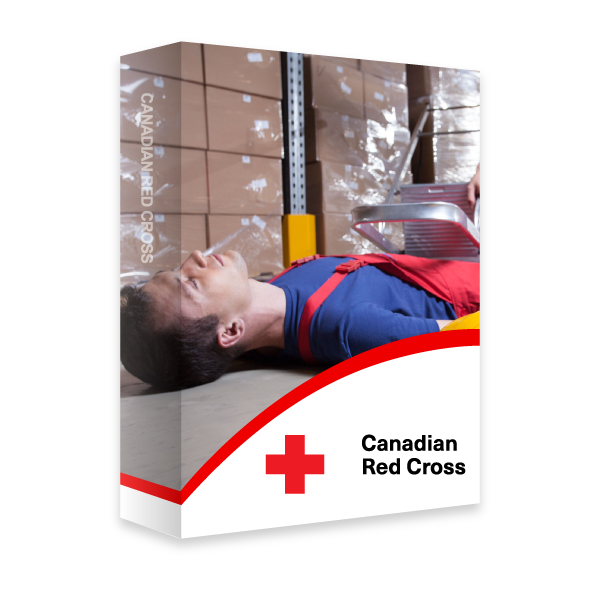 A Red Cross book with an image of a worker who appears unconscious, lying on the floor of a warehouse surrounded by stacked boxes. 