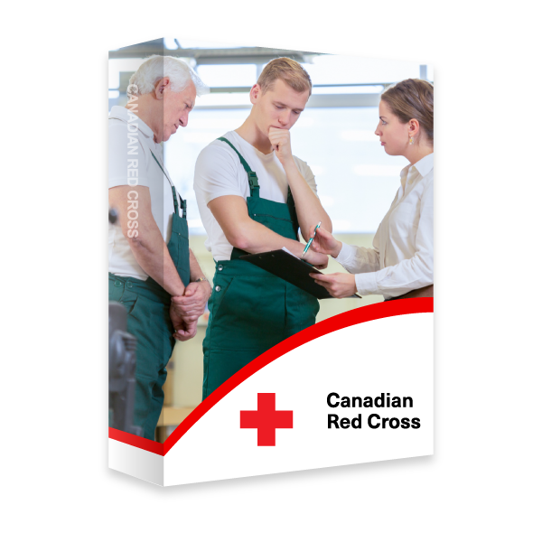 Two workers wearing green aprons are standing and having a discussion with another worker in a dress shirt holding a clipboard.