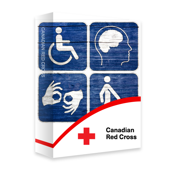 A Red Cross  course book with icons of a wheelchair, human brain, hands doing sign language and a person walking.